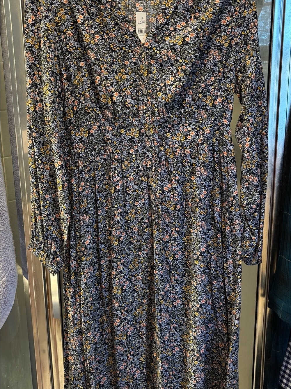 LOFT Navy Floral Button-Front Midi Dress